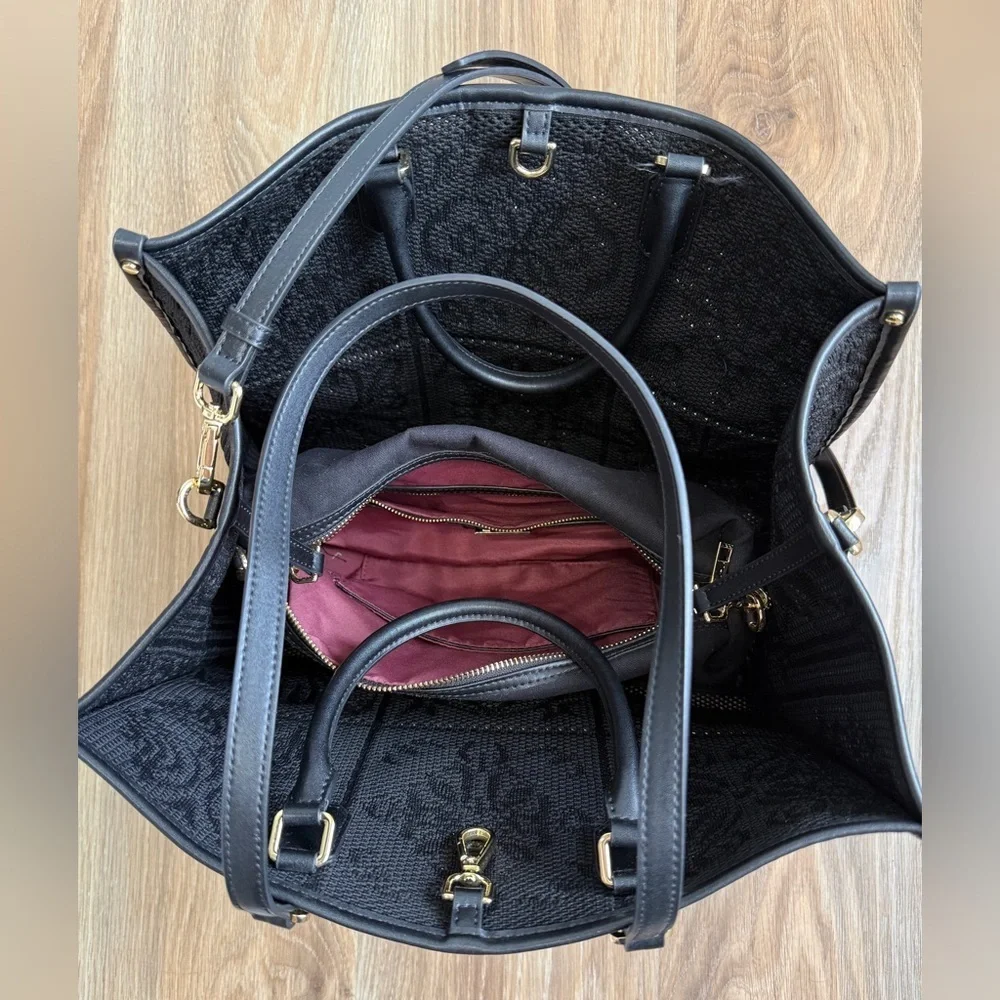Viola Castellani Crochet Tote & Fabric Crossbody Bag Genuine Leather Black